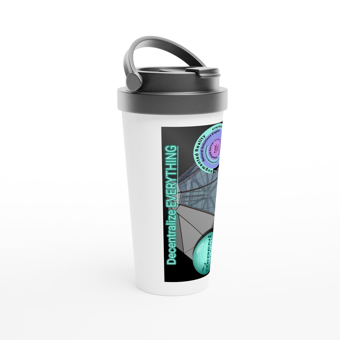 Decentralize EVERYTHING  White 15oz Stainless Steel Travel Mug